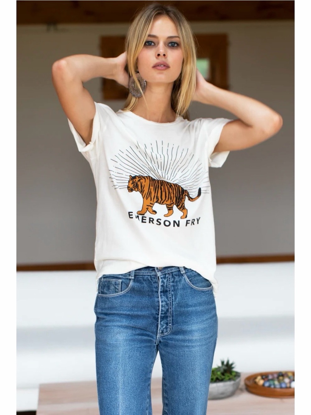Emerson Fry Womens Cream Tiger Graphic Tee